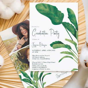 Tropical greenery script plant 3 photos graduation invitation
