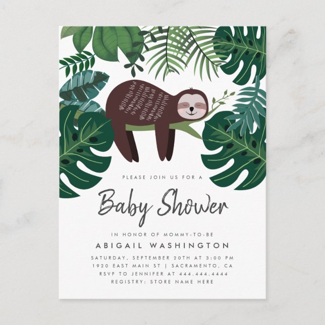 Tropical Greenery Sleeping Sloth Baby Shower Invitation Postcard (Front)