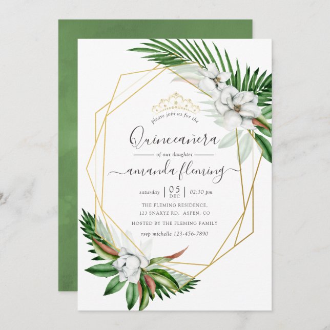 Tropical Greenery Watercolor Geometric Quinceañera Invitation (Front/Back)