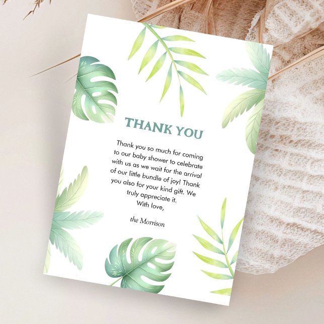 Tropical Greenery Watercolor Green Baby Shower Thank You Card (Creator Uploaded)
