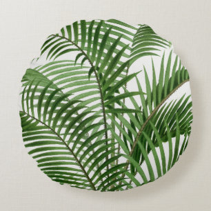 Tropical Greenery Watercolor Palm Tree Leaves Round Cushion