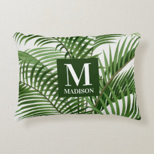 Tropical Greenery Watercolor Palm Tree Monogrammed Decorative Cushion