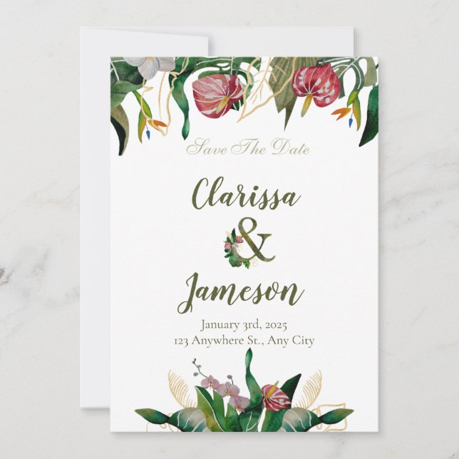 Tropical Greenery Watercolor Wedding Photo Save The Date (Front)