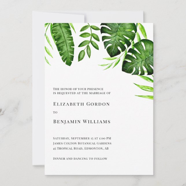 Tropical Greenery Wedding Botanical Monstera Leave Invitation (Front)