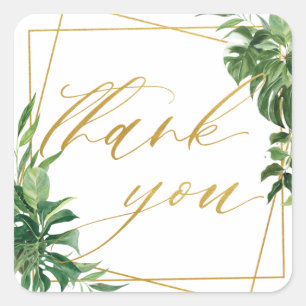Tropical Greenery Wedding Gold Geometric Thank You Square Sticker