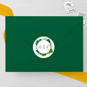 Tropical Greenery Wedding Monogram Classic Round Sticker
