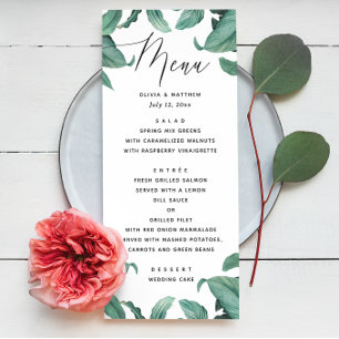 Tropical greenery wedding. Watercolor botanical Menu