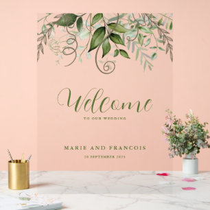 Tropical Greenery Wedding Welcome Clear Acrylic Sign