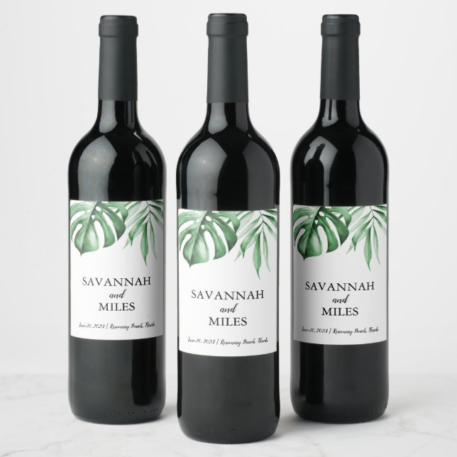 Tropical Greenery Wedding Wine Label (Bottles)