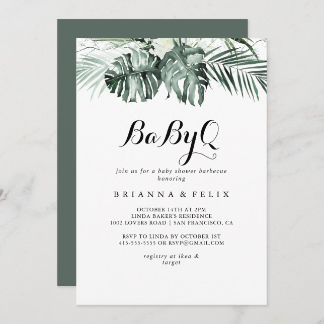 Tropical Greenery White BabyQ Baby Shower Barbecue Invitation (Front/Back)