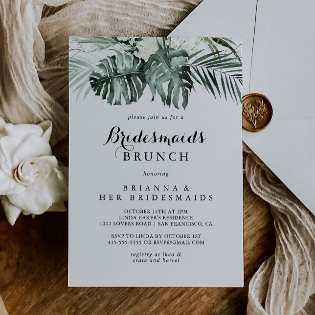 Tropical Greenery White Bridesmaids Brunch Shower Invitation (Creator Uploaded)