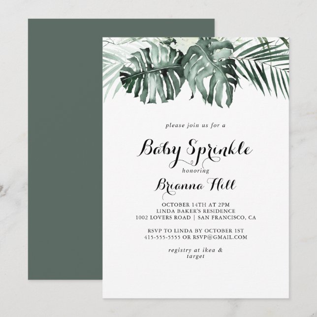 Tropical Greenery White Floral Baby Sprinkle Invitation (Front/Back)
