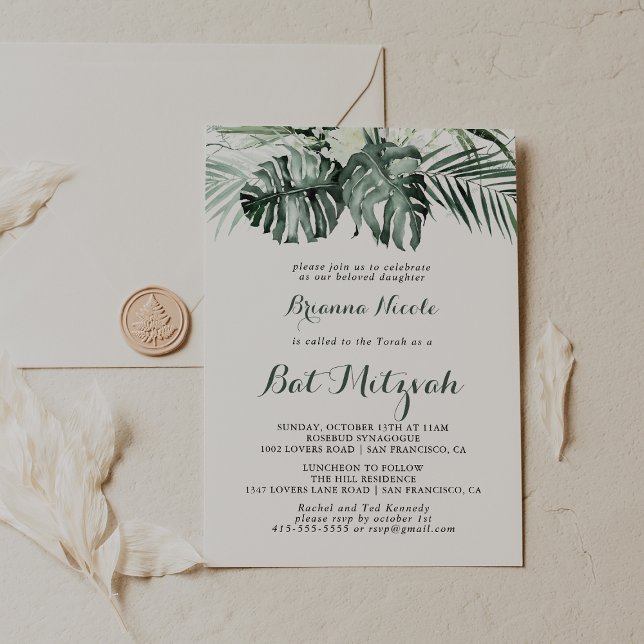 Tropical Greenery White Floral Bat Mitzvah  Invitation (Creator Uploaded)