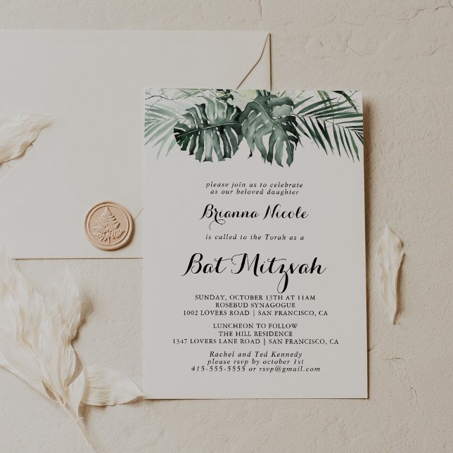 Tropical Greenery White Floral Bat Mitzvah Invitation (Creator Uploaded)