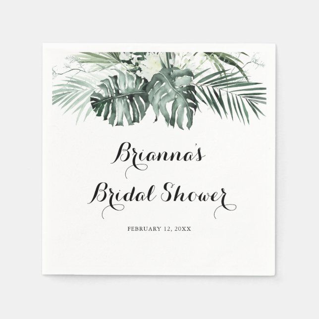 Tropical Greenery White Floral Bridal Shower Napkin (Front)