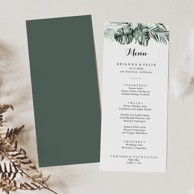 Tropical Greenery White Floral Calligraphy Dinner Menu (Creator Uploaded)