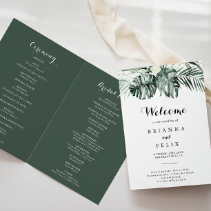 Tropical Greenery White Floral Folded Wedding Programme