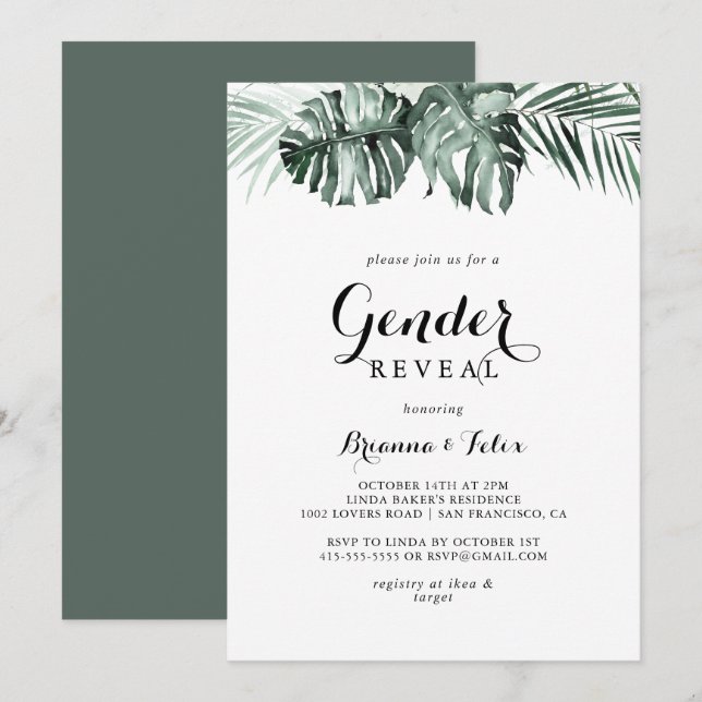 Tropical Greenery White Floral Gender Reveal Party Invitation (Front/Back)