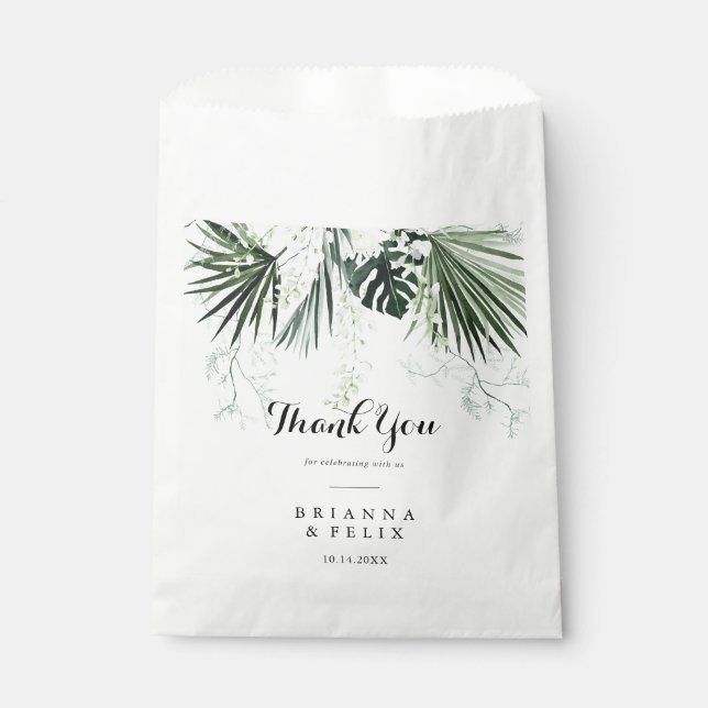 Tropical Greenery White Floral Thank You Wedding  Favour Bags (Front)