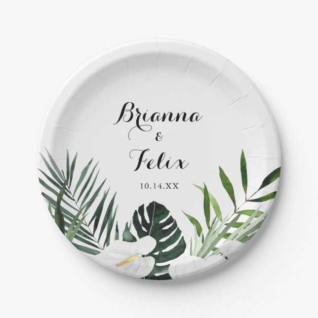 Tropical Greenery White Floral Wedding Cake Paper Plate (Front)