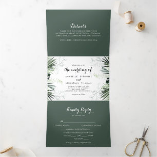 Tropical Greenery White Floral  Wedding  Tri-Fold Invitation