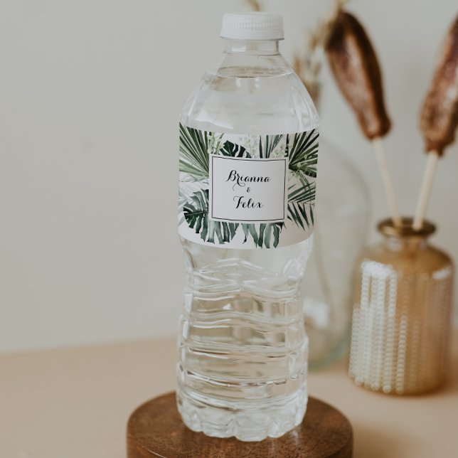 Tropical Greenery White Floral Wedding  Water Bottle Label (Creator Uploaded)