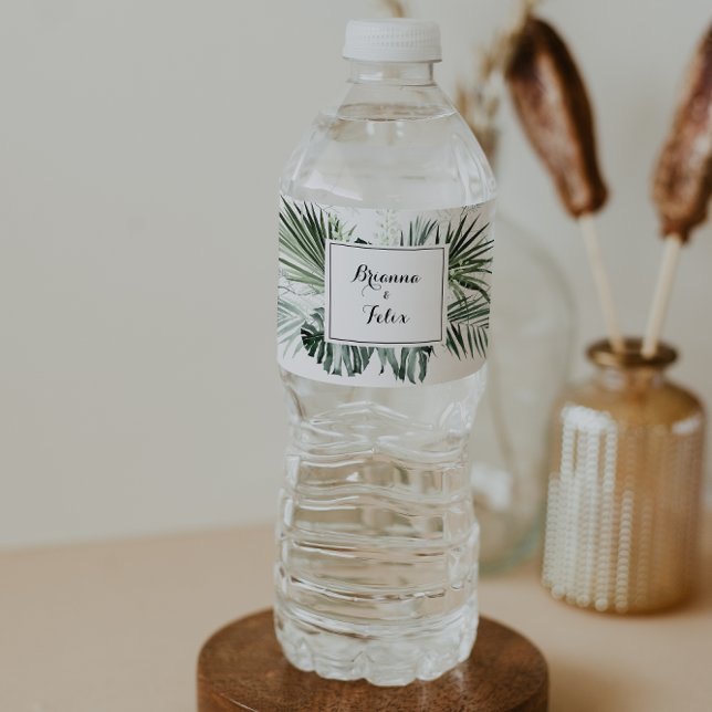 Tropical Greenery White Floral Wedding  Water Bottle Label (Creator Uploaded)