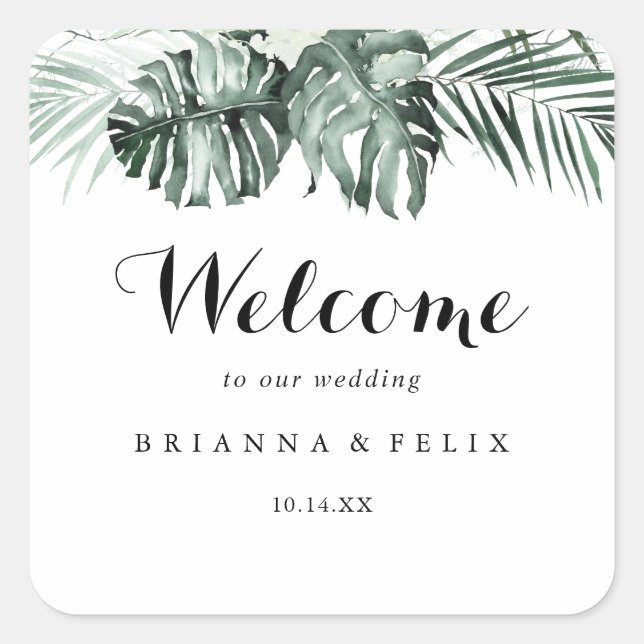 Tropical Greenery White Floral Wedding Welcome Square Sticker (Front)