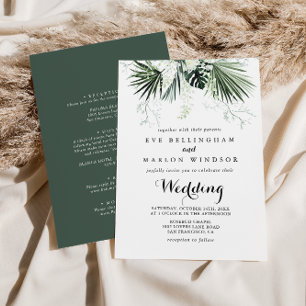 Tropical Greenery White Front & Back Wedding Invitation