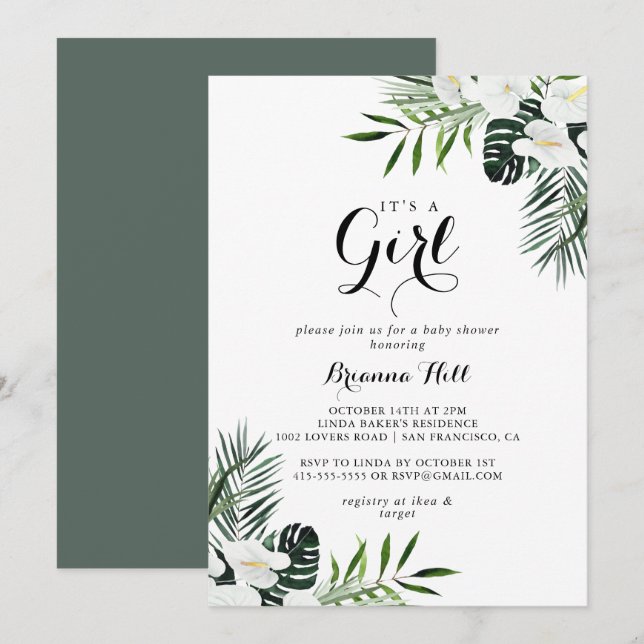 Tropical Greenery White It's A Girl Baby Shower Invitation (Front/Back)