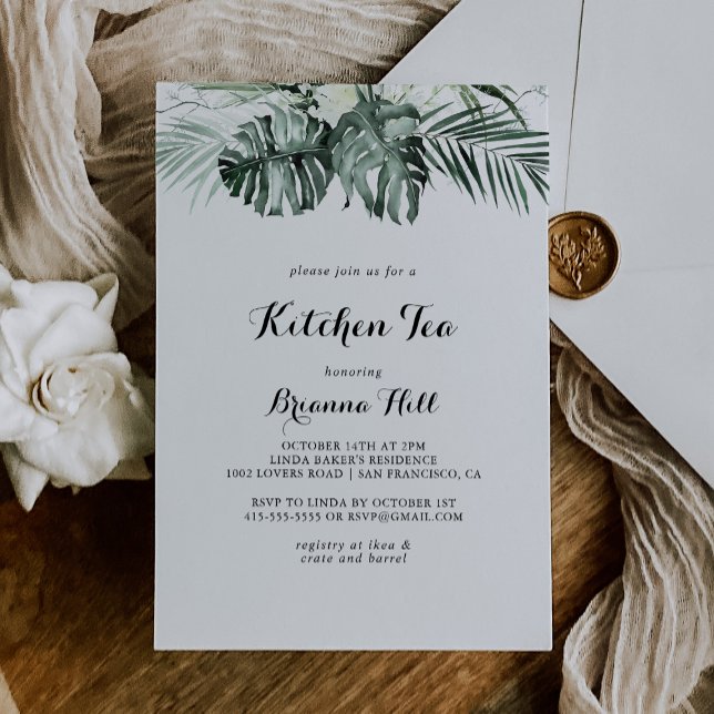 Tropical Greenery White Kitchen Tea Bridal Shower Invitation (Creator Uploaded)