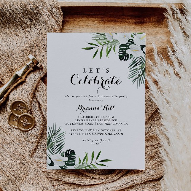 Tropical Greenery White Let's Celebrate Party Invitation (Creator Uploaded)