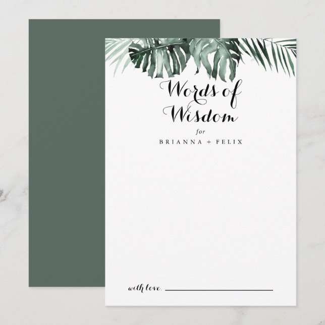 Tropical Greenery White Wedding Words of Wisdom Advice Card (Front/Back)
