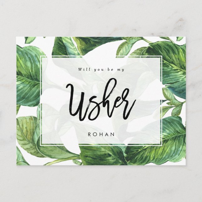 tropical greenery will you be my usher announcement postcard (Front)