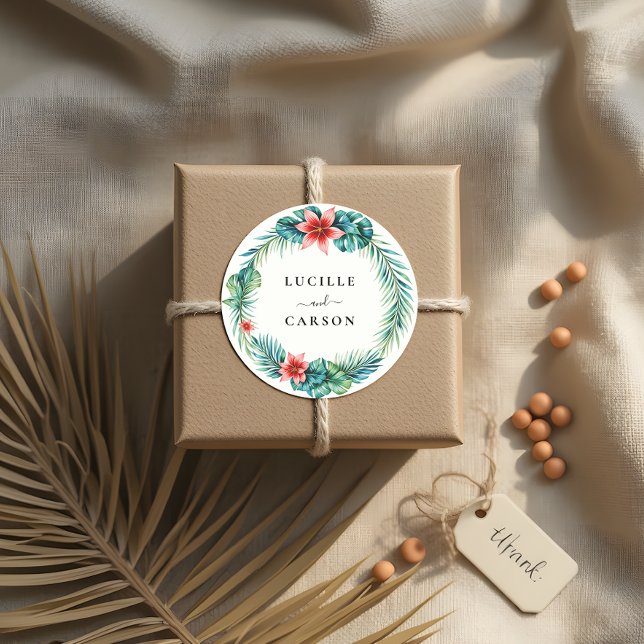 Tropical Greenery Wreath botanical Garden Wedding Classic Round Sticker (Creator Uploaded)