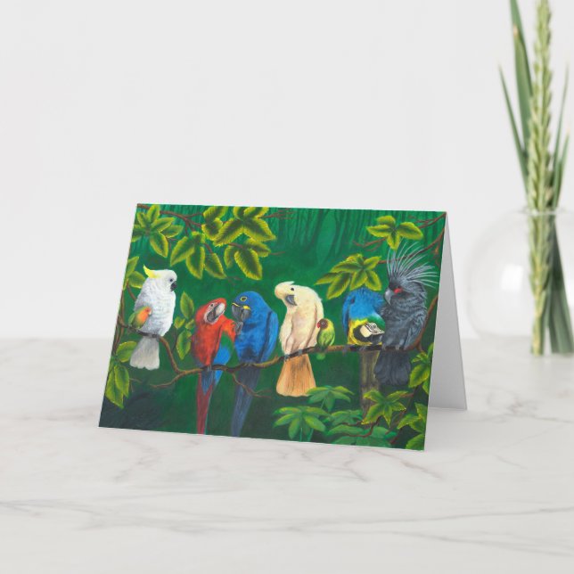 Tropical Greeting Card With Parrots In The Jungle (Front)