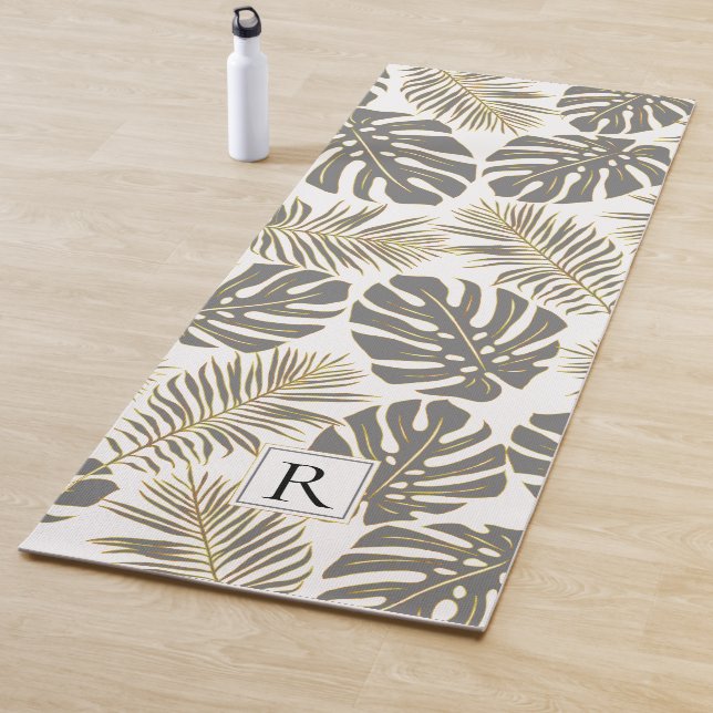 Tropical grey and gold leaves and monogram yoga mat (In Situ)