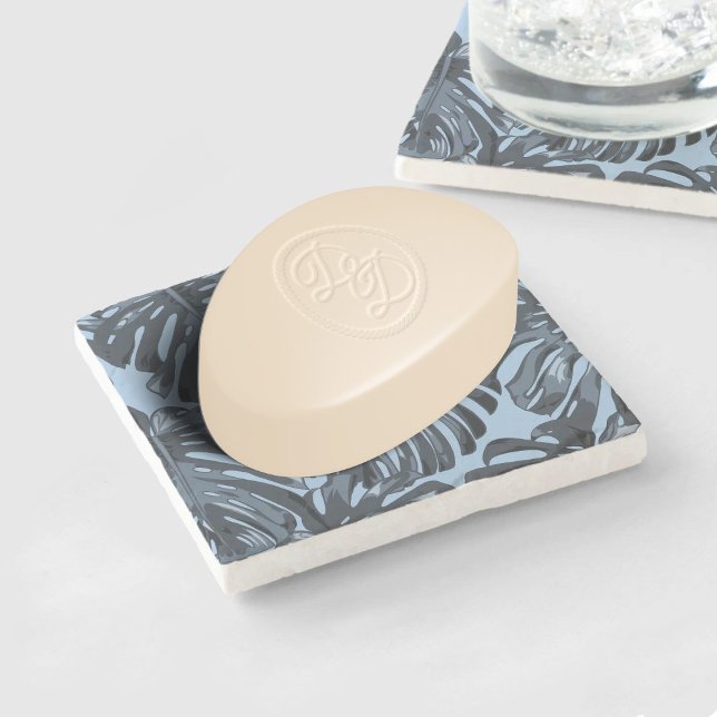 Tropical Grey Blue Jungle Leaves Stone Coaster (Mockup as a soap dish)