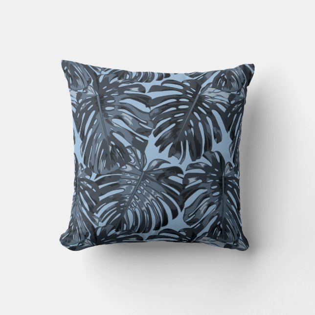 Tropical Grey Blue Palm Leaves Cushion (Front)