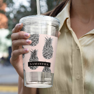 Tropical Grey & Pink Pineapple Pattern With Name Acrylic Tumbler