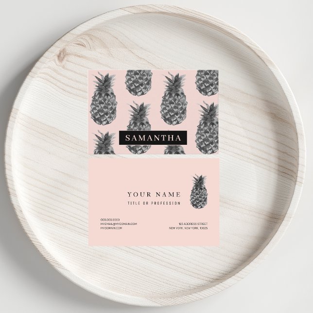 Tropical Grey & Pink Pineapple Pattern With Name Business Card (Creator Uploaded)