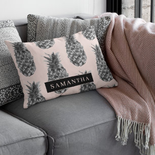 Tropical Grey & Pink Pineapple Pattern With Name Decorative Cushion