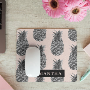 Tropical Grey & Pink Pineapple Pattern With Name Mouse Mat
