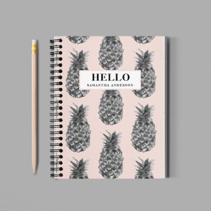 Tropical Grey & Pink Pineapple Pattern With Name Notebook