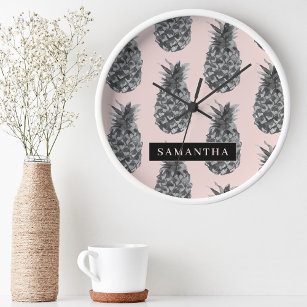 Tropical Grey & Pink Pineapple Pattern With Name Round Clock