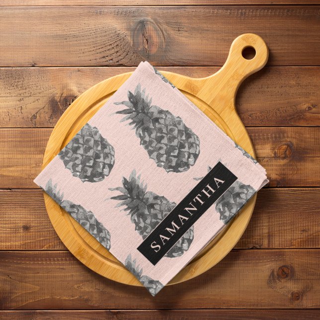 Tropical Grey & Pink Pineapple Pattern With Name Tea Towel (Creator Uploaded)