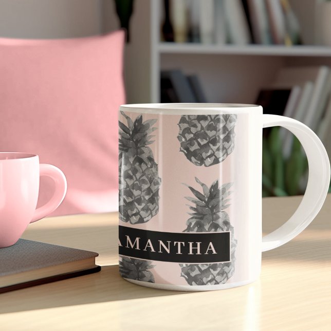 Tropical Grey & Pink Pineapple Pattern With Name Two-Tone Coffee Mug (Creator Uploaded)