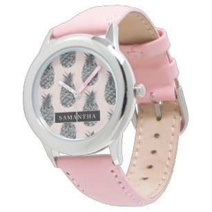 Tropical Grey & Pink Pineapple Pattern With Name Watch