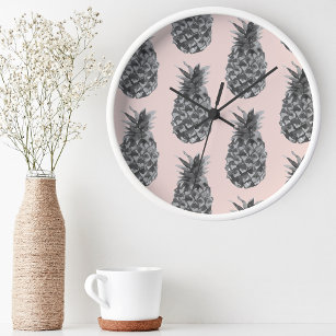Tropical Grey & Pink Pineapple Seamless Pattern Round Clock