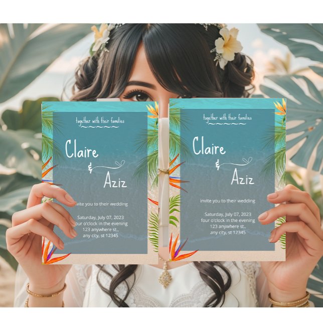 Tropical Grey Wedding Invitation with Palm Trees  (Creator Uploaded)